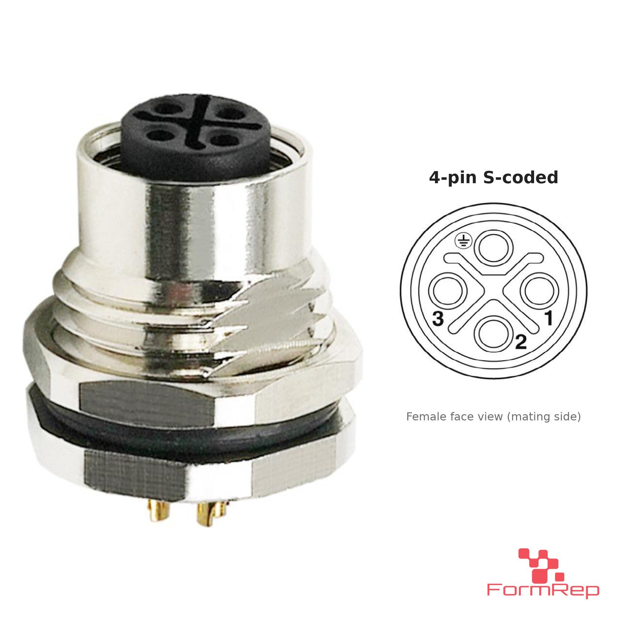 M12 S-Coded Panel-Mount Receptacle, Solder Cups, female straight, front mount M12 S-Coded Panel-Mount Receptacle, Solder Cups, female straight, front mount