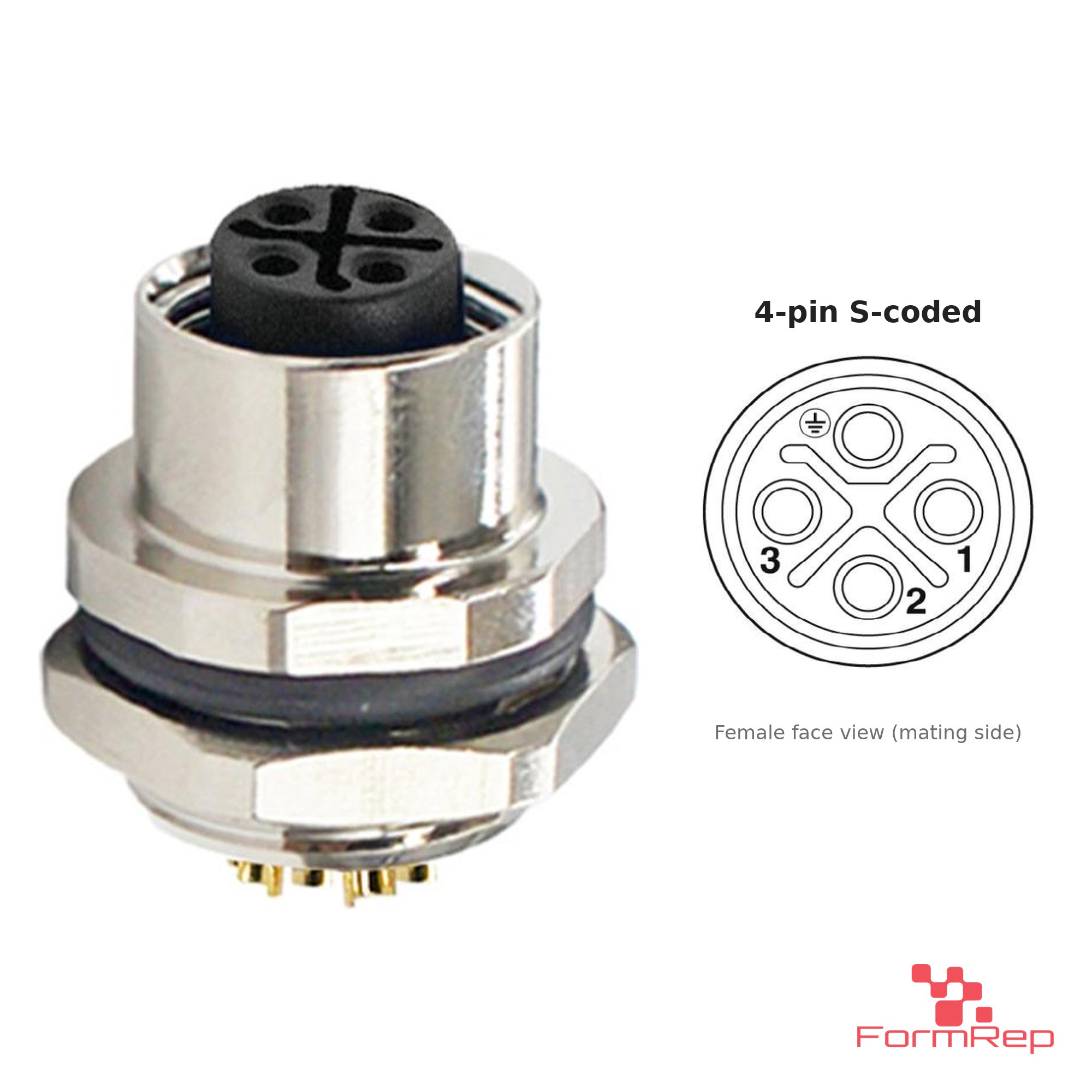 M12 S-Coded Panel-Mount Receptacle, Solder Cups, female straight, rear mount M12 S-Coded Panel-Mount Receptacle, Solder Cups, female straight, rear mount
