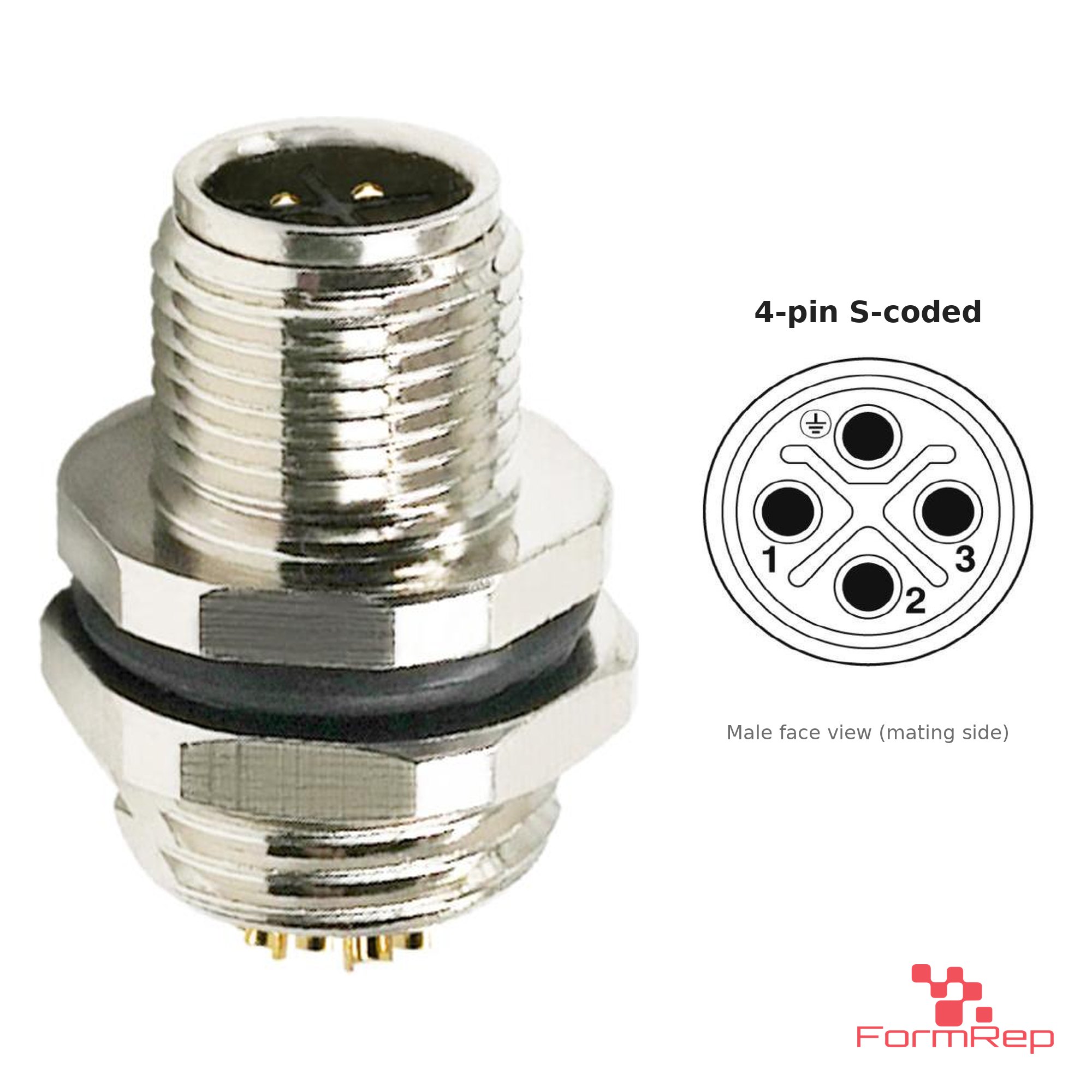 M12 S-Coded Panel-Mount Receptacle, Solder Cups, male straight, rear mount M12 S-Coded Panel-Mount Receptacle, Solder Cups, male straight, rear mount