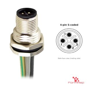 M12 S-Coded Panel-Mount Receptacle, Pre-Wired Leads, male straight, front mount