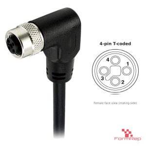M12 T-Coded Female Right-Angle Molded Cable, Single-Ended, with pin layout