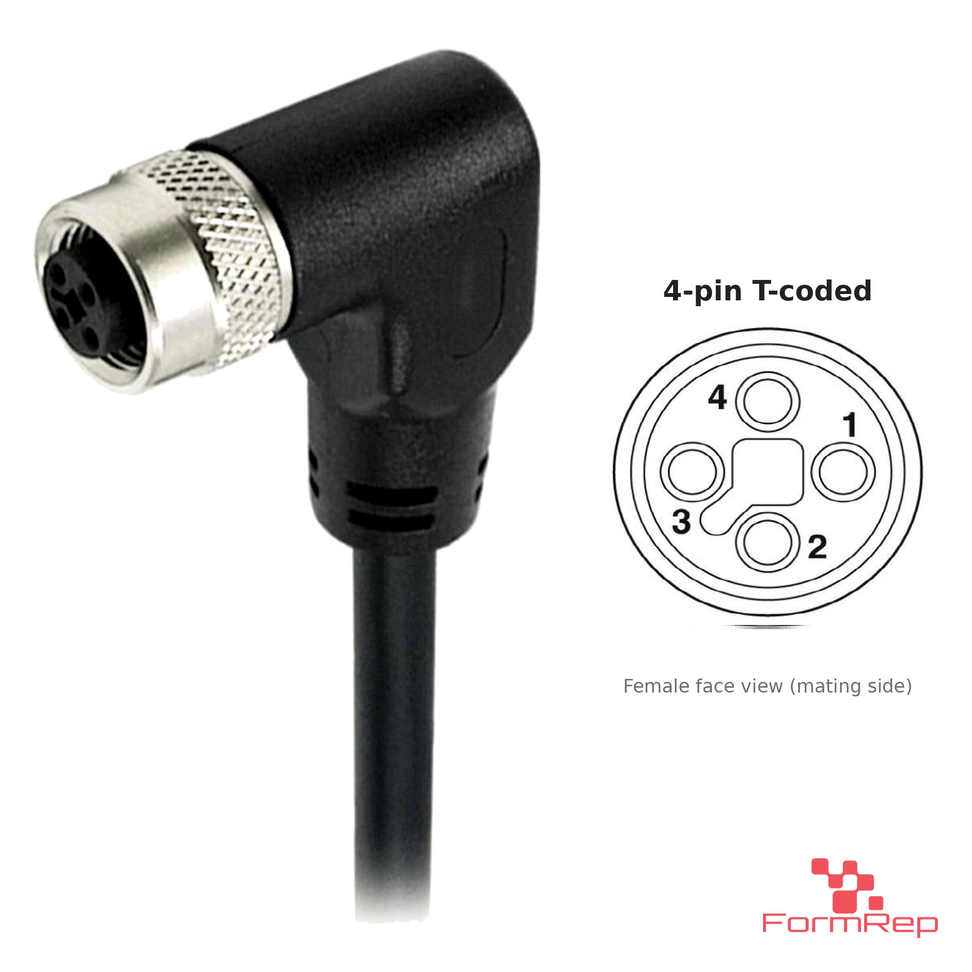 M12 T-Coded Female Right-Angle Molded Cable, Single-Ended, with pin layout M12 T-Coded Female Right-Angle Molded Cable, Single-Ended, with pin layout