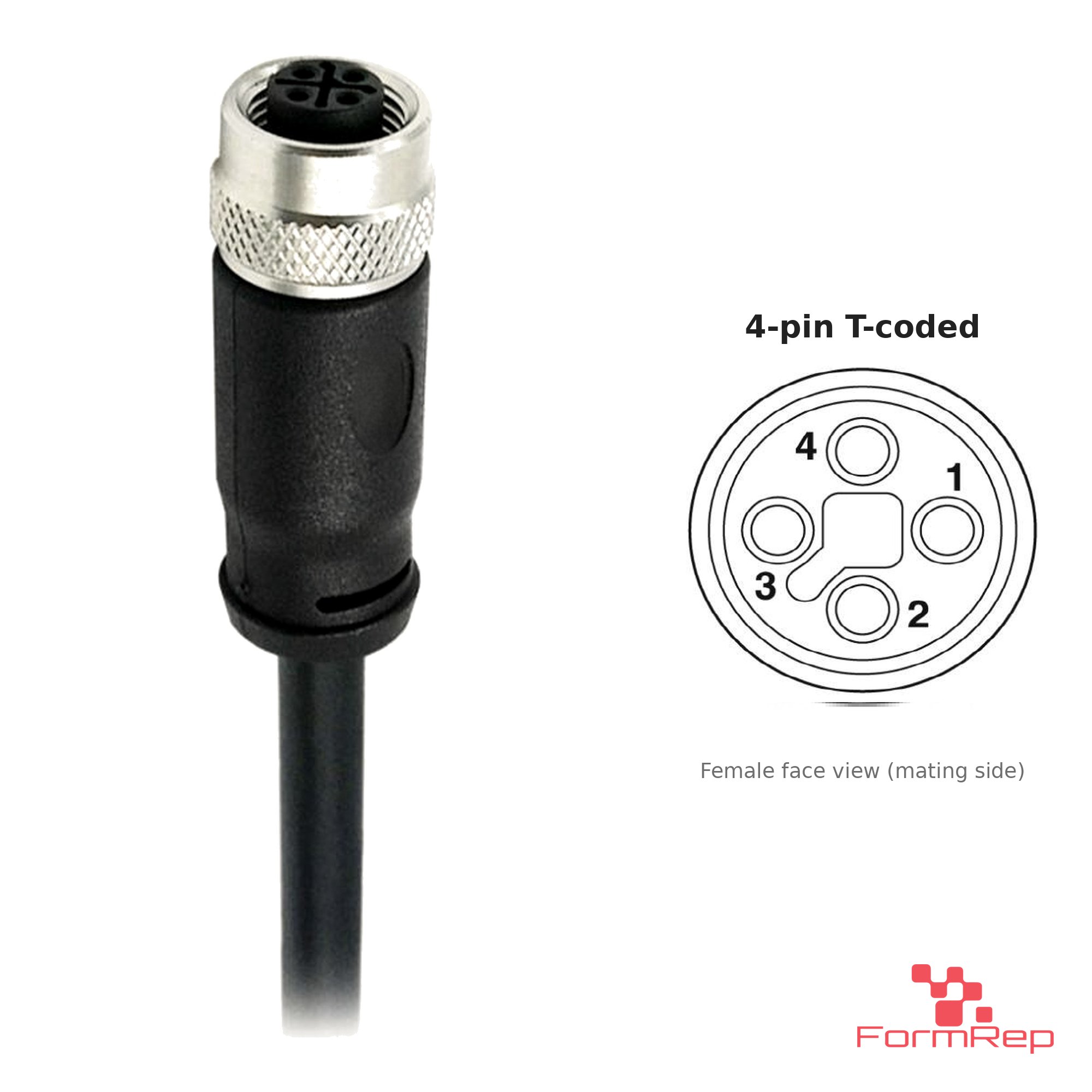 M12 T-Coded Female Straight Molded Cable, Single-Ended, with pin layout M12 T-Coded Female Straight Molded Cable, Single-Ended, with pin layout