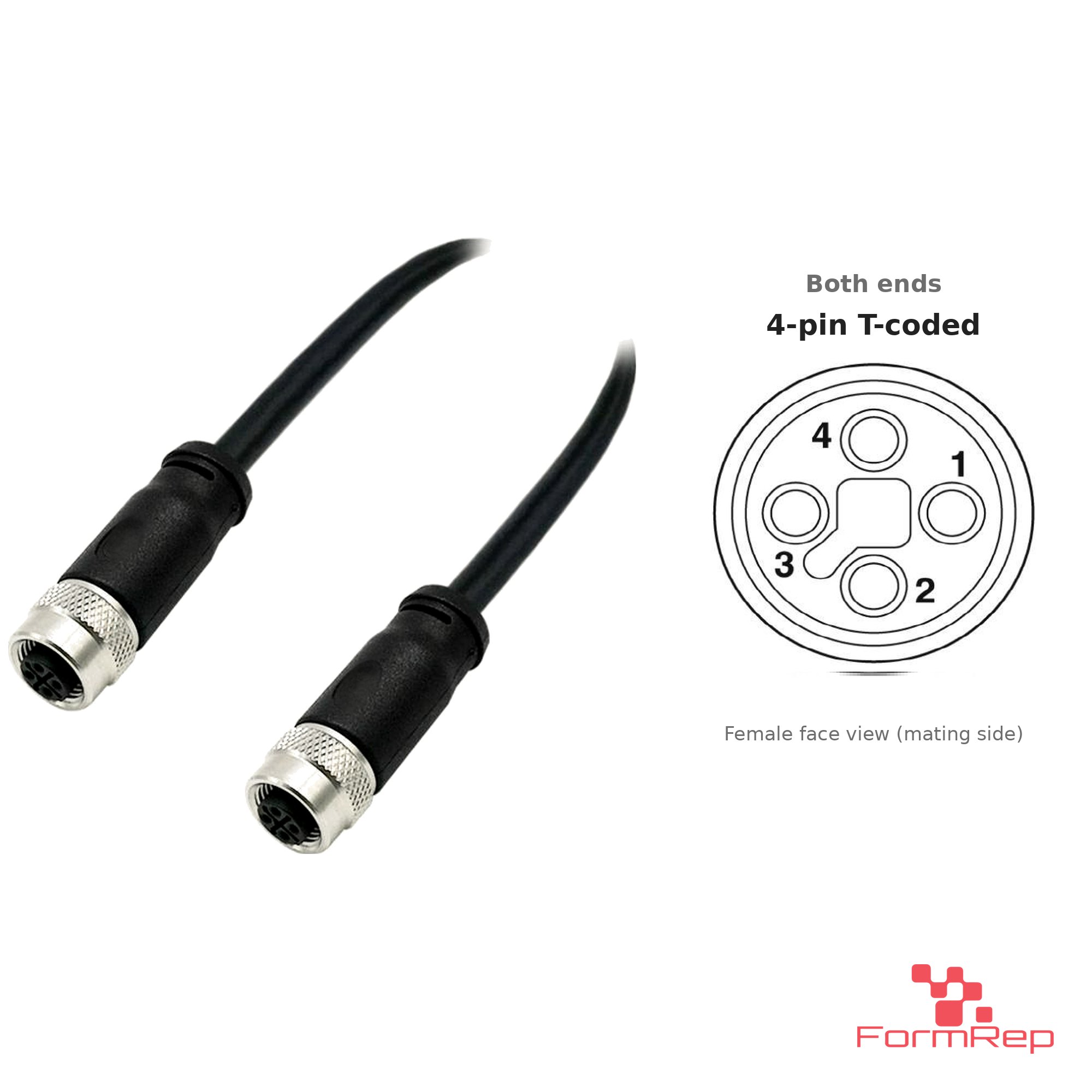 M12 T-Coded Female to Female Straight Cable, with pin layout M12 T-Coded Female to Female Straight Cable, with pin layout