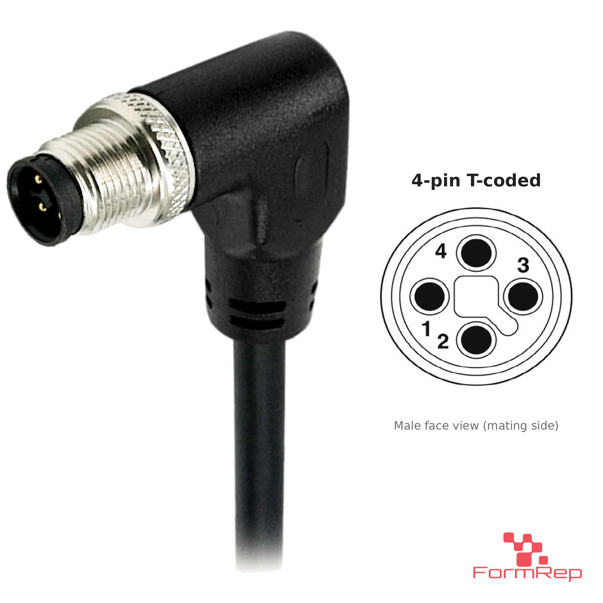M12 T-Coded Male Right-Angle Molded Cable, Single-Ended, with pin layout M12 T-Coded Male Right-Angle Molded Cable, Single-Ended, with pin layout
