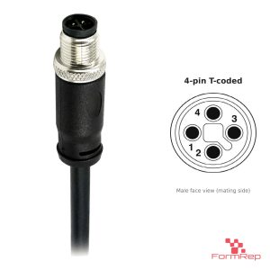 M12 T-Coded Male Straight Molded Cable, Single-Ended, with pin layout