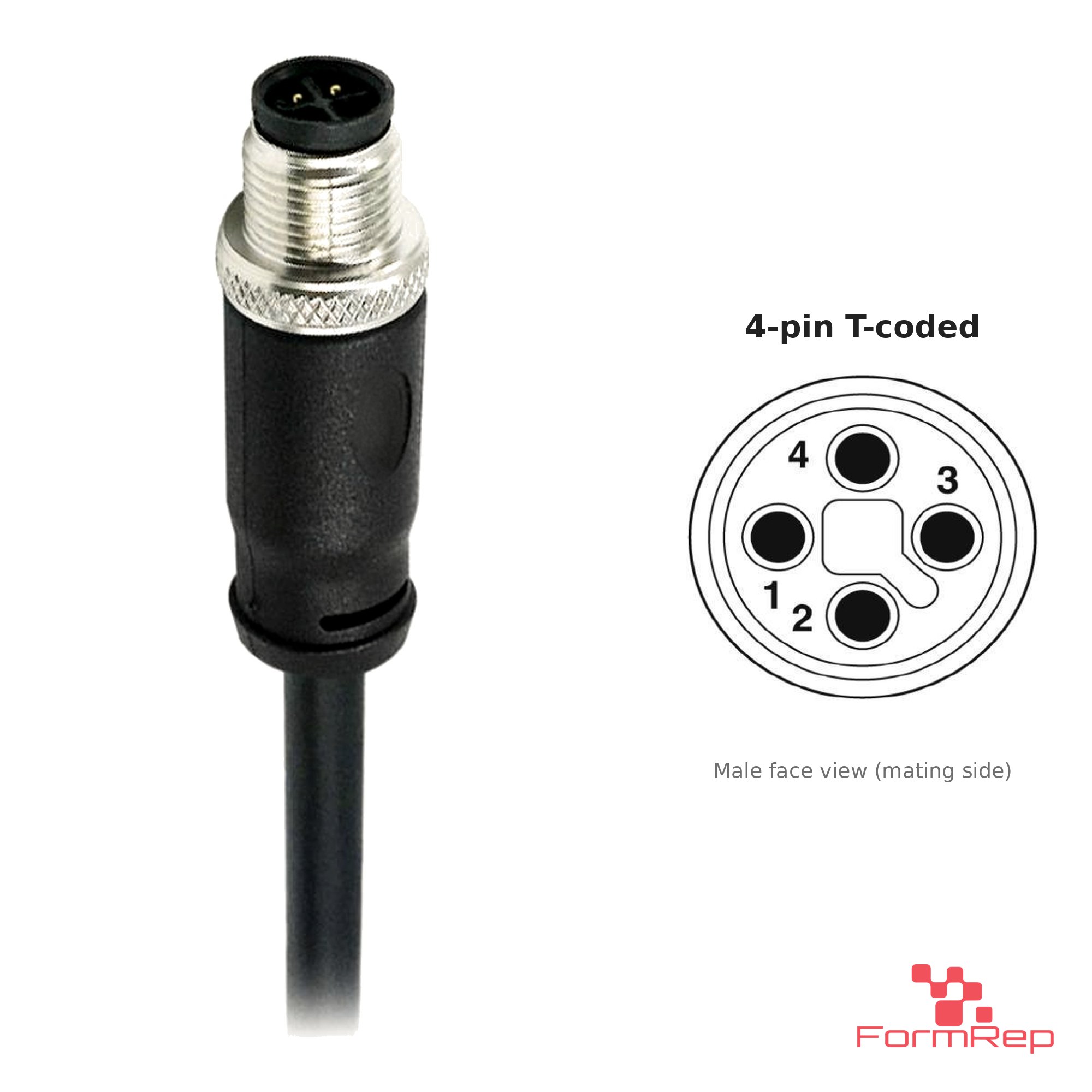 M12 T-Coded Male Straight Molded Cable, Single-Ended, with pin layout