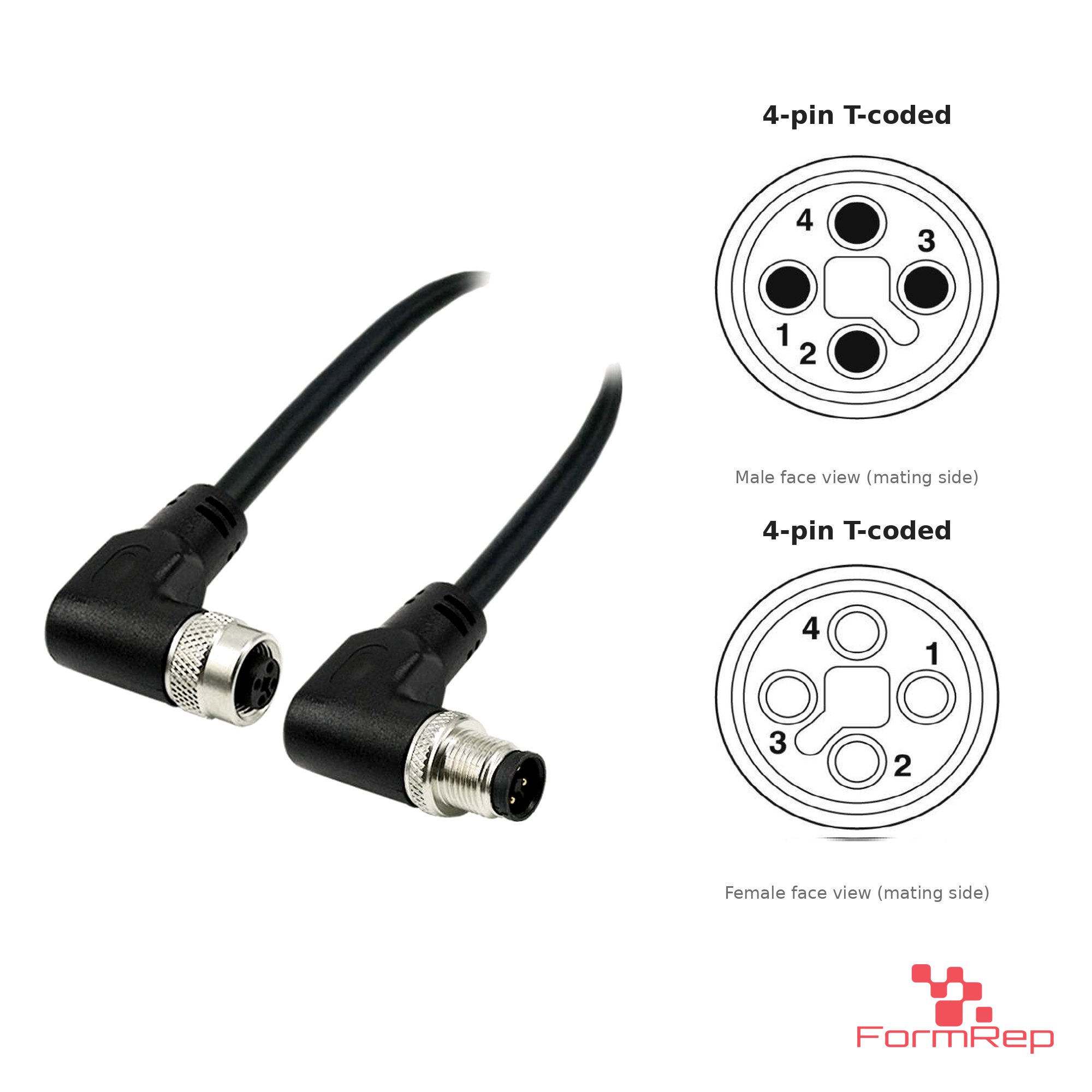 M12 T-Coded Male Right-Angle to Female Right-Angle Cable, with pin layout M12 T-Coded Male Right-Angle to Female Right-Angle Cable, with pin layout