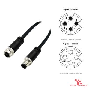 M12 T-Coded Male to Female Straight Extension Cable, with pin layout