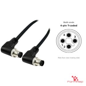 M12 T-Coded Male to Male Right-Angle Cable, with pin layout
