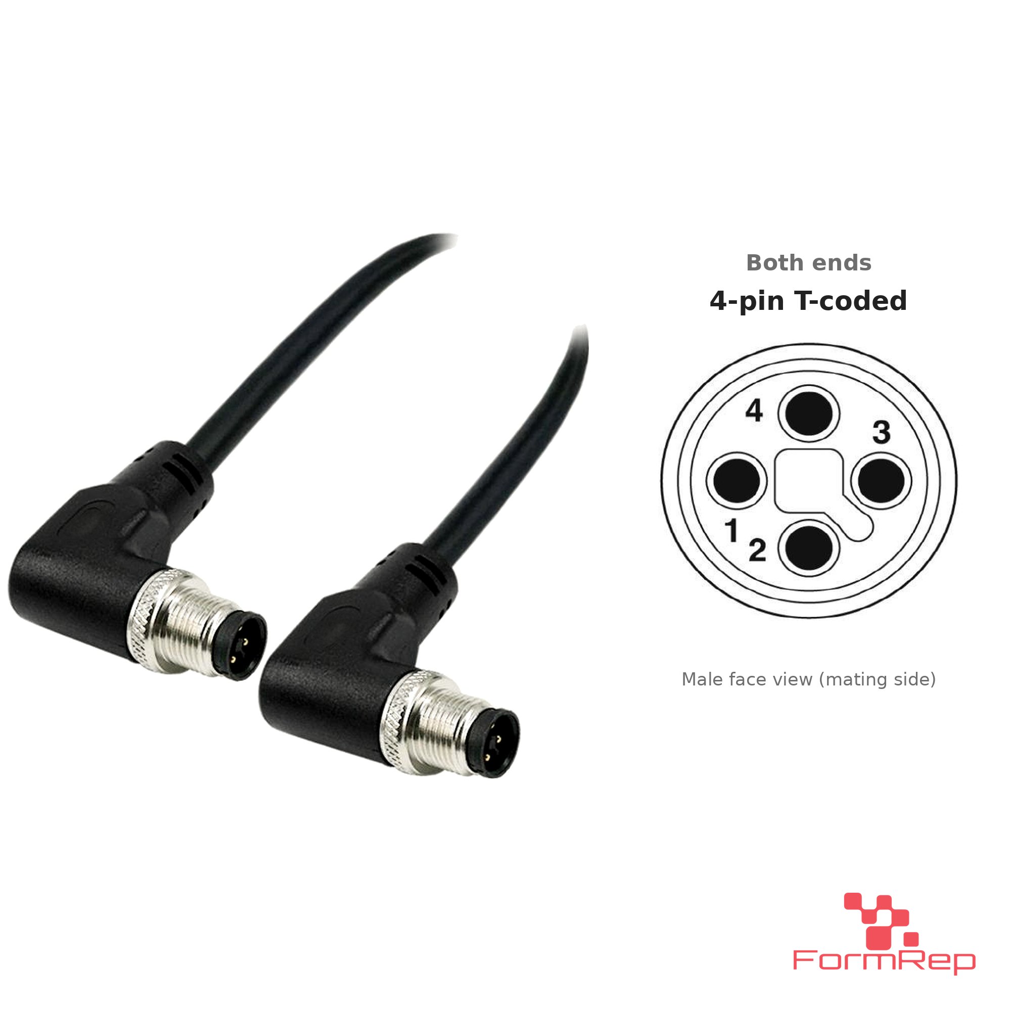 M12 T-Coded Male to Male Right-Angle Cable, with pin layout M12 T-Coded Male to Male Right-Angle Cable, with pin layout