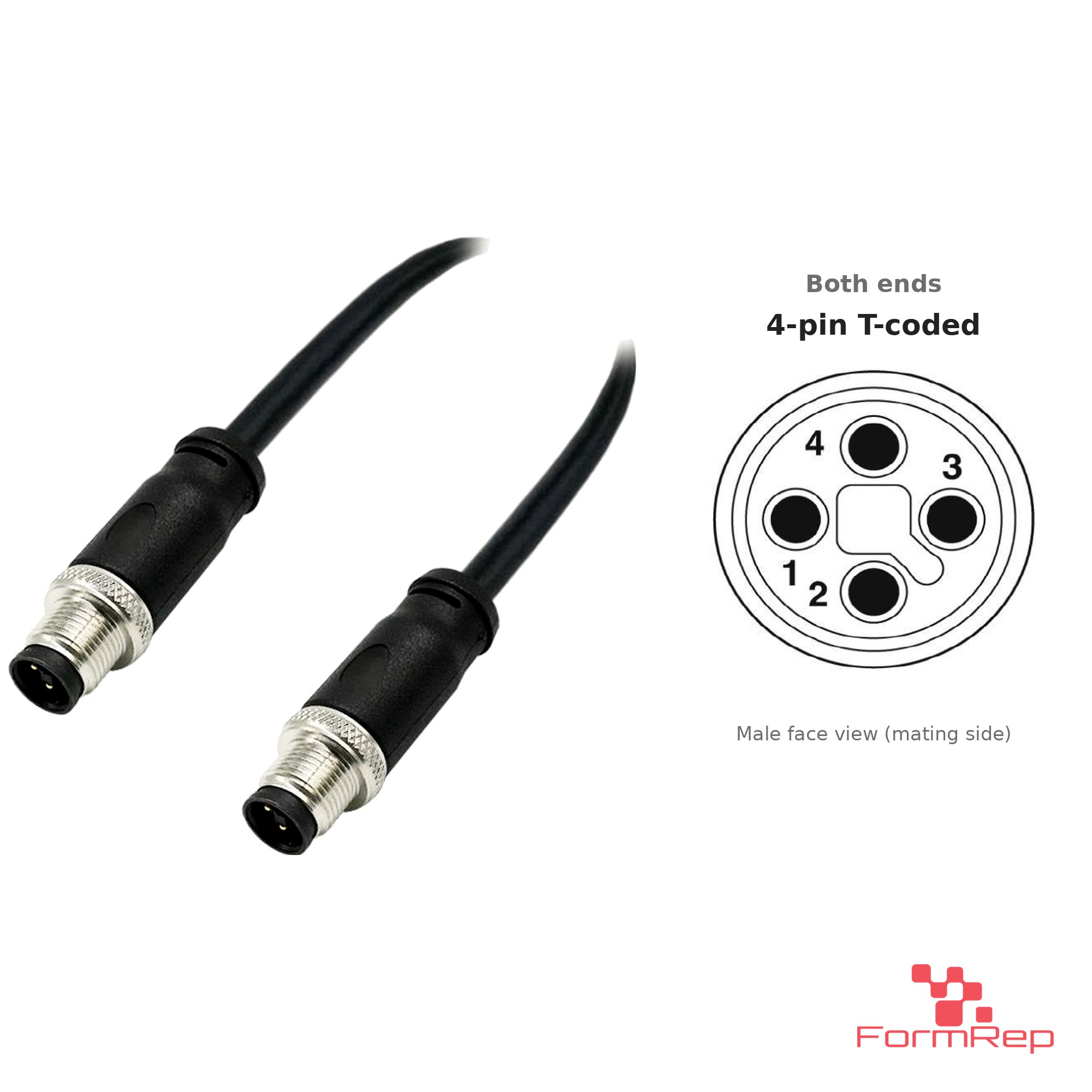 M12 T-Coded Male to Male Straight Cable, with pin layout M12 T-Coded Male to Male Straight Cable, with pin layout