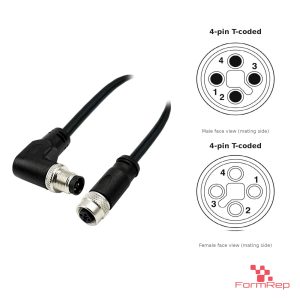 M12 T-Coded Male Right-Angle to Female Straight Cable, with pin layout