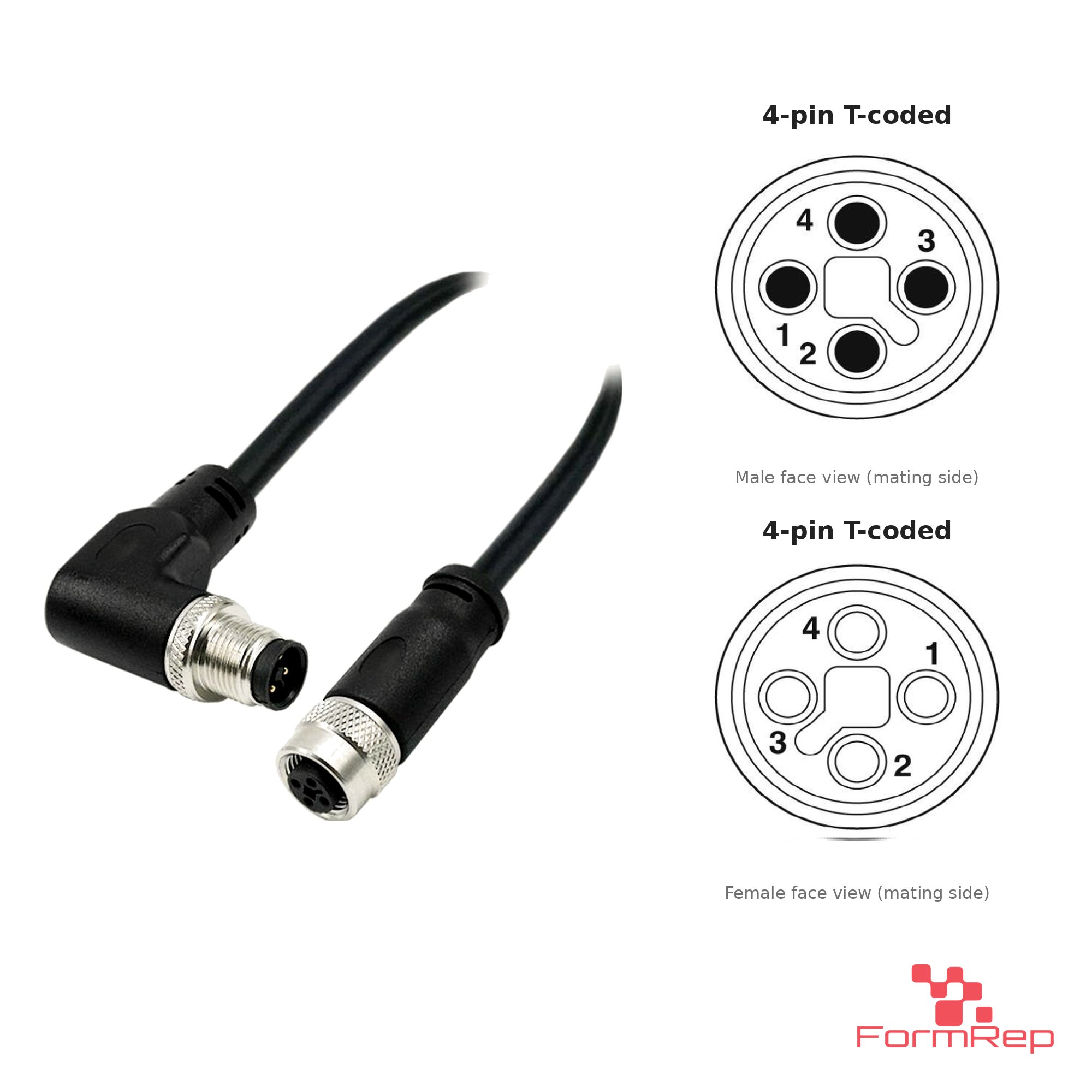 M12 T-Coded Male Right-Angle to Female Straight Cable, with pin layout M12 T-Coded Male Right-Angle to Female Straight Cable, with pin layout