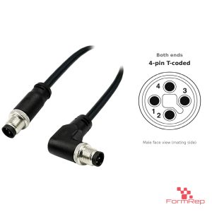 M12 T-Coded Male Straight to Male Right-Angle Cable, with pin layout