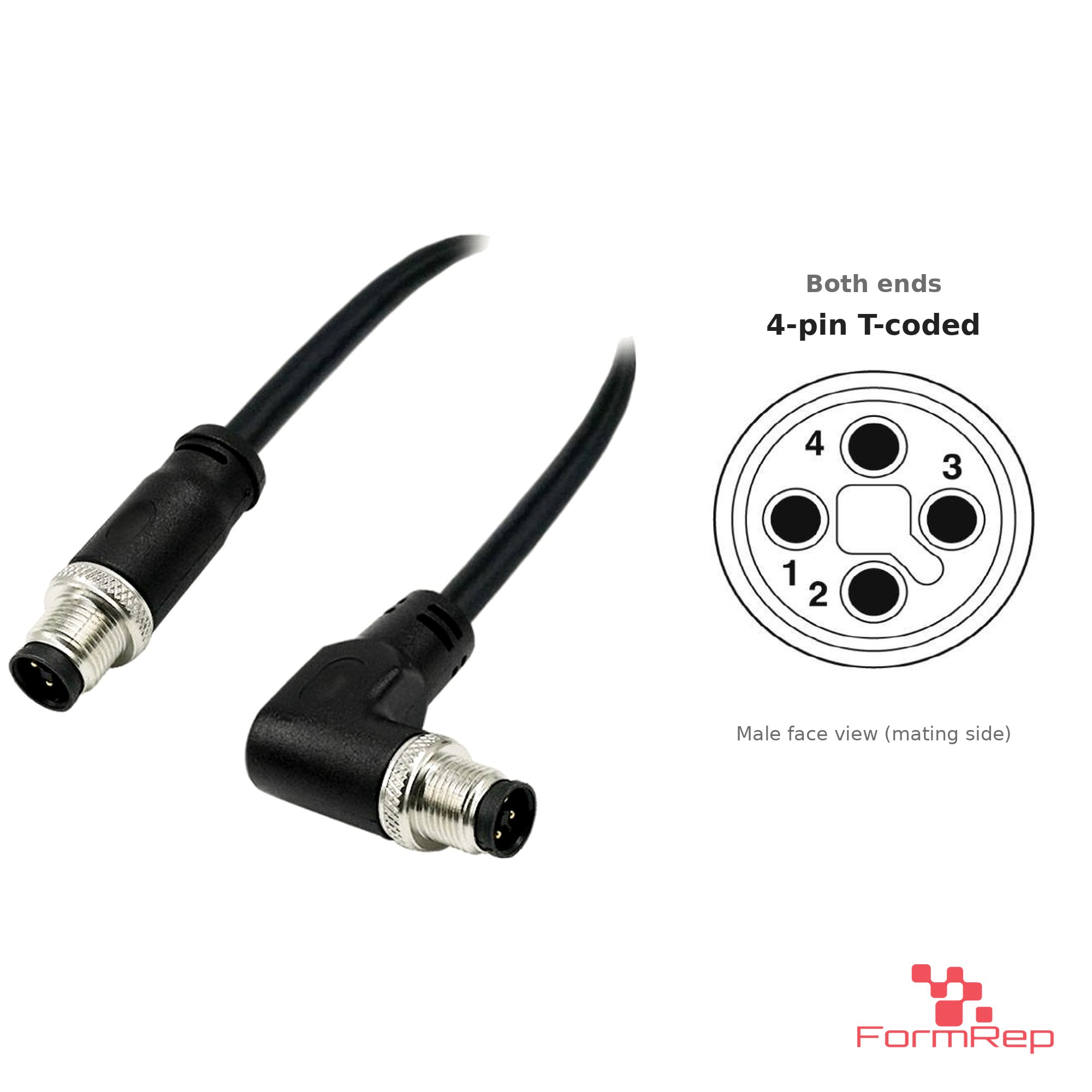 M12 T-Coded Male Straight to Male Right-Angle Cable, with pin layout M12 T-Coded Male Straight to Male Right-Angle Cable, with pin layout