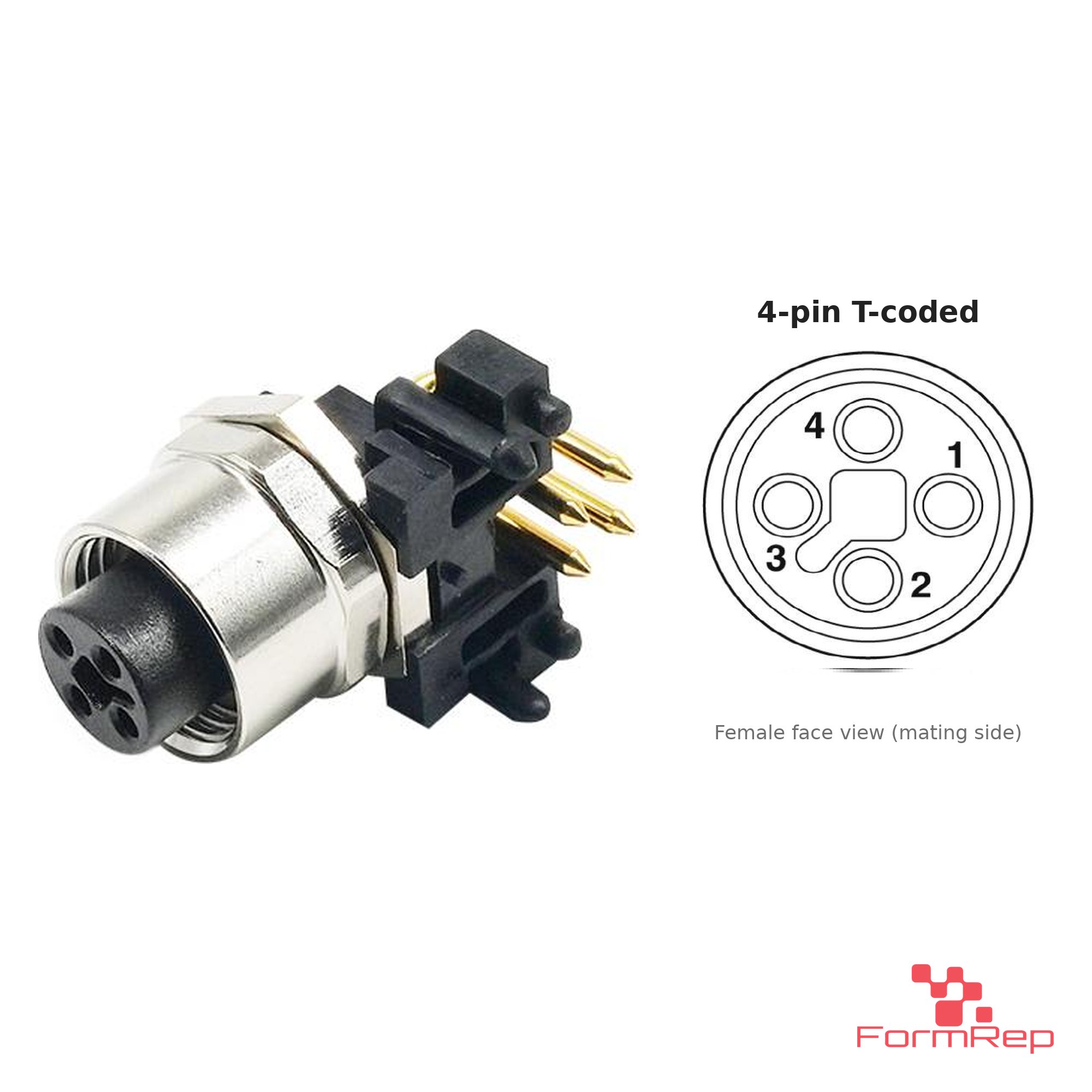 M12 T-Coded Panel-Mount Receptacle, PCB Pins, female right-angle, front mount M12 T-Coded Panel-Mount Receptacle, PCB Pins, female right-angle, front mount
