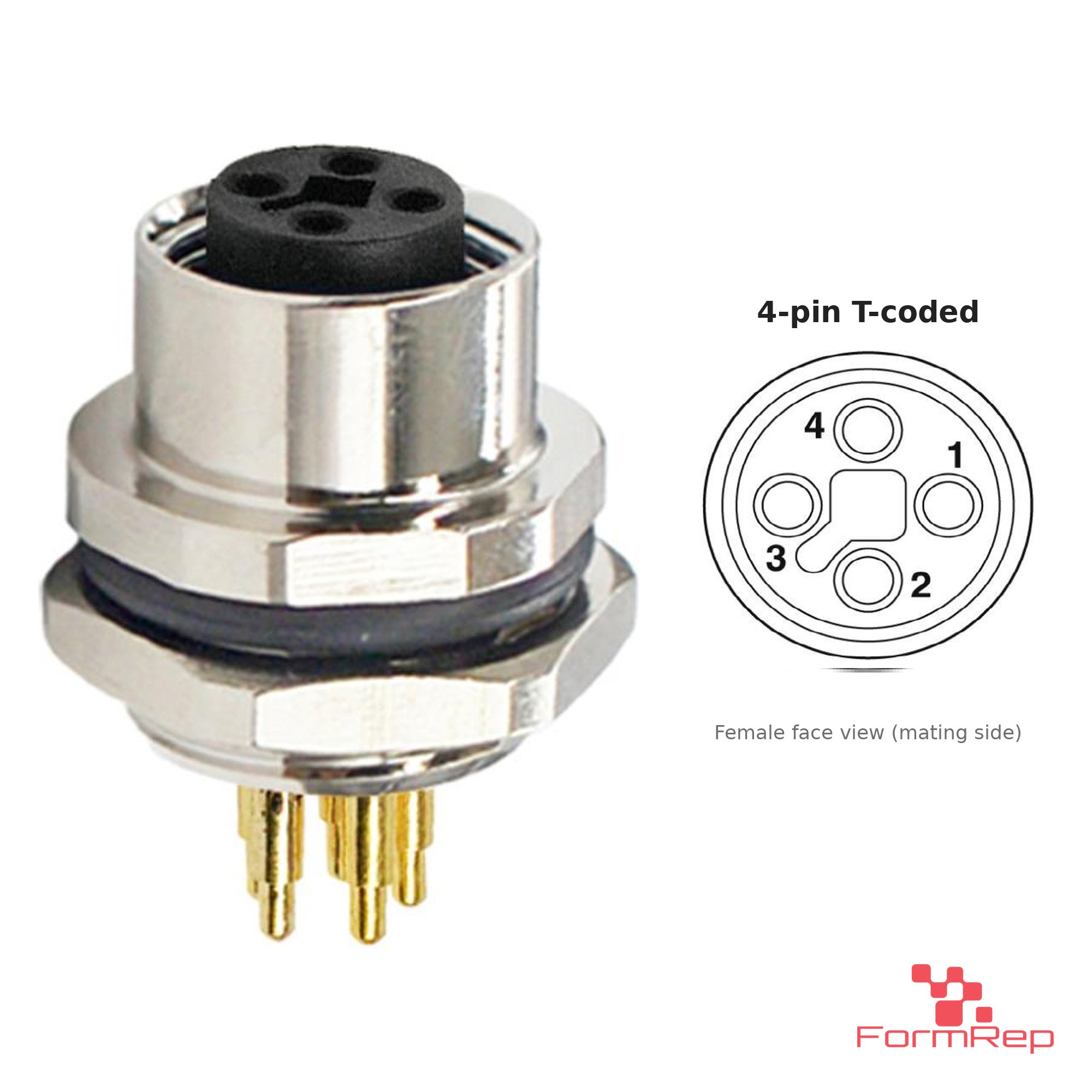 M12 T-Coded Panel-Mount Receptacle, PCB Pins, female straight, rear mount M12 T-Coded Panel-Mount Receptacle, PCB Pins, female straight, rear mount