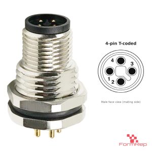 M12 T-Coded Panel-Mount Receptacle, PCB Pins, male straight, front mount