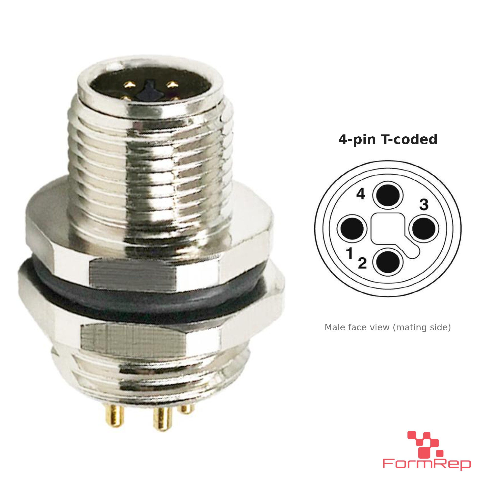 M12 T-Coded Panel-Mount Receptacle, PCB Pins, male straight, rear mount M12 T-Coded Panel-Mount Receptacle, PCB Pins, male straight, rear mount