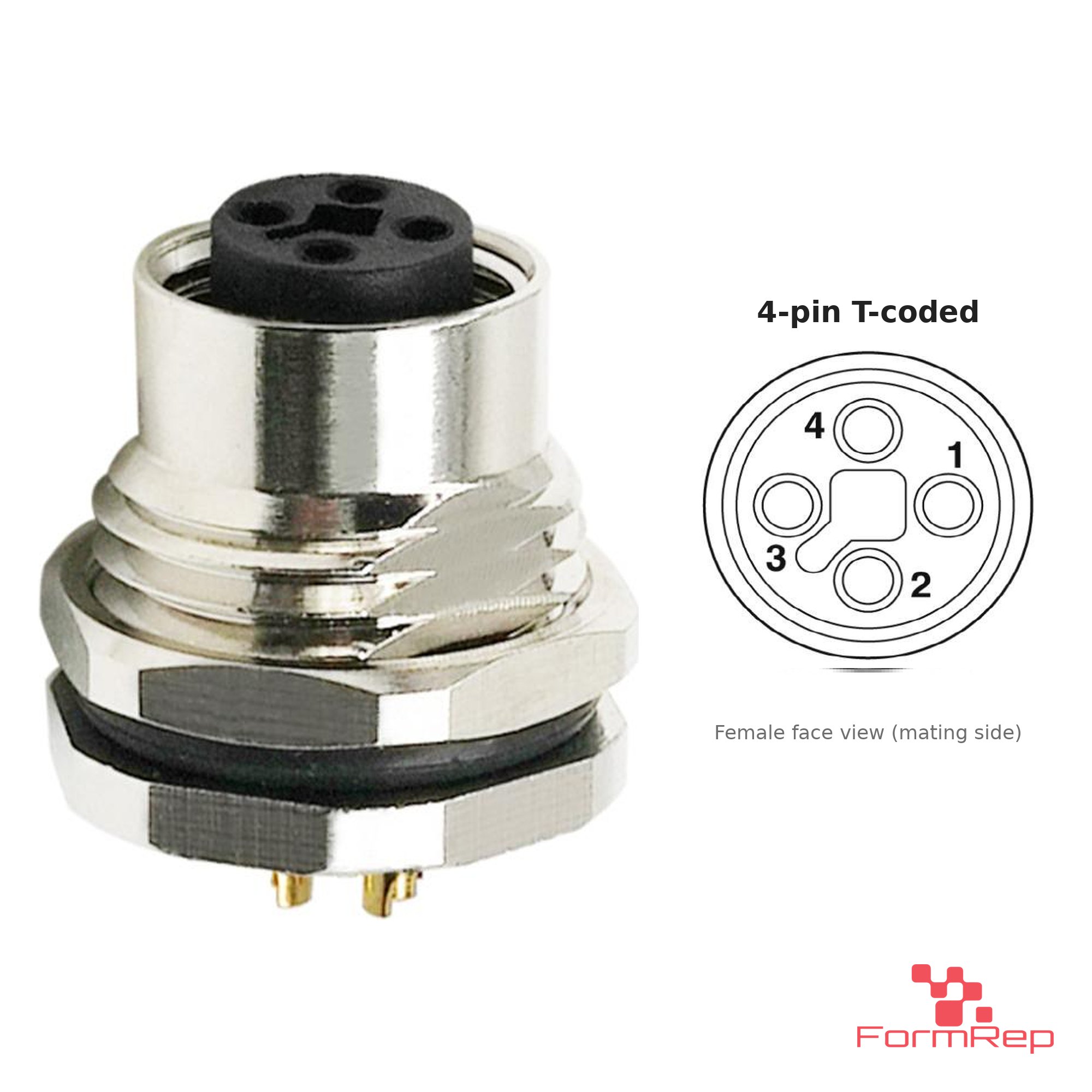M12 T-Coded Panel-Mount Receptacle, Solder Cups, female straight, front mount M12 T-Coded Panel-Mount Receptacle, Solder Cups, female straight, front mount