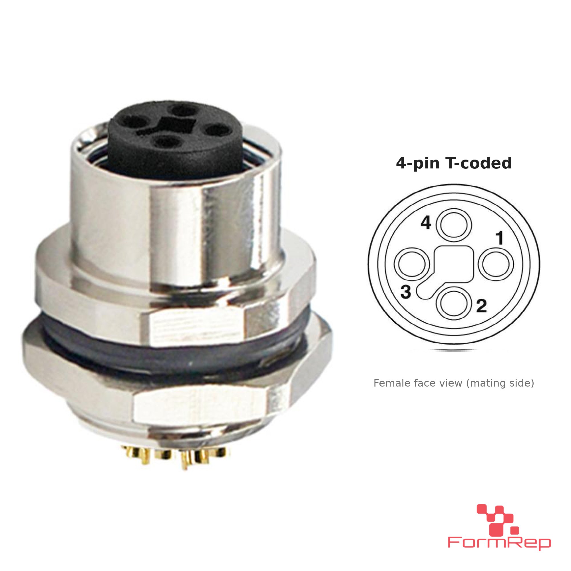 M12 T-Coded Panel-Mount Receptacle, Solder Cups, female straight, rear mount M12 T-Coded Panel-Mount Receptacle, Solder Cups, female straight, rear mount