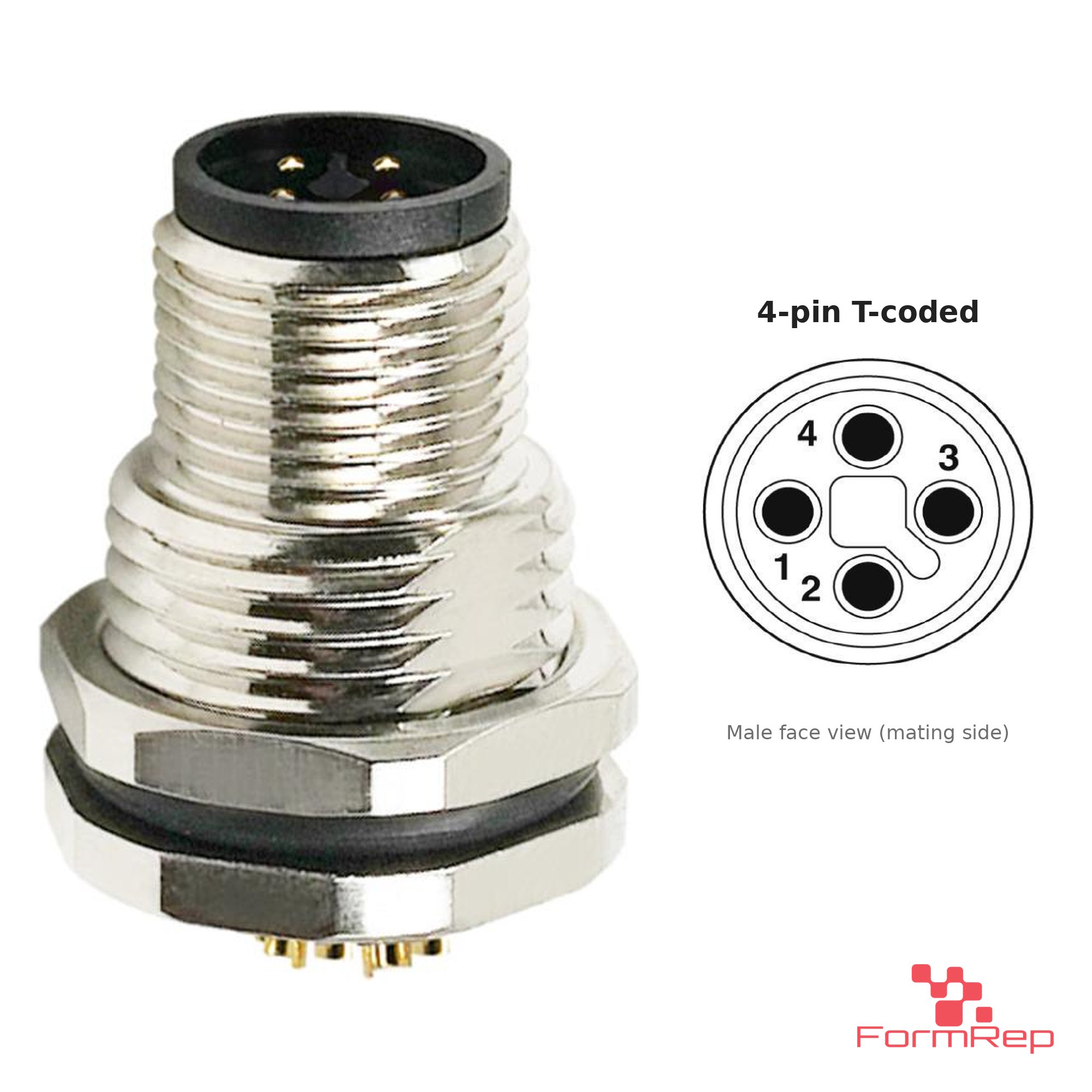 M12 T-Coded Panel-Mount Receptacle, Solder Cups, male straight, front mount M12 T-Coded Panel-Mount Receptacle, Solder Cups, male straight, front mount