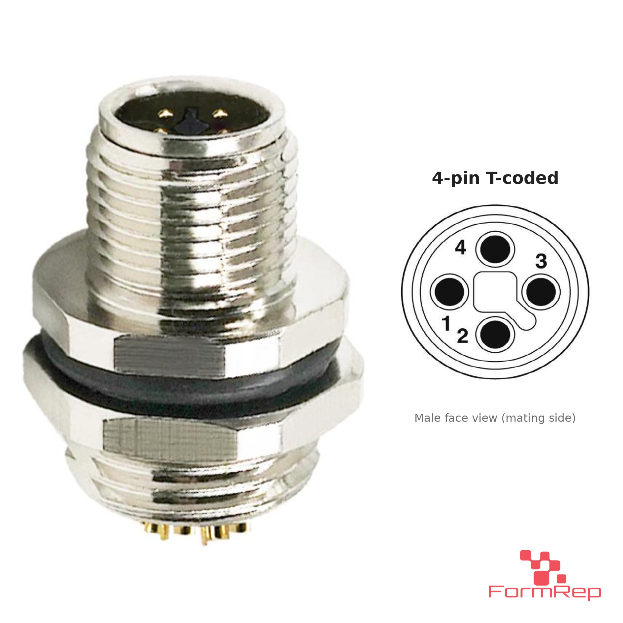 M12 T-Coded Panel-Mount Receptacle, Solder Cups, male straight, rear mount M12 T-Coded Panel-Mount Receptacle, Solder Cups, male straight, rear mount