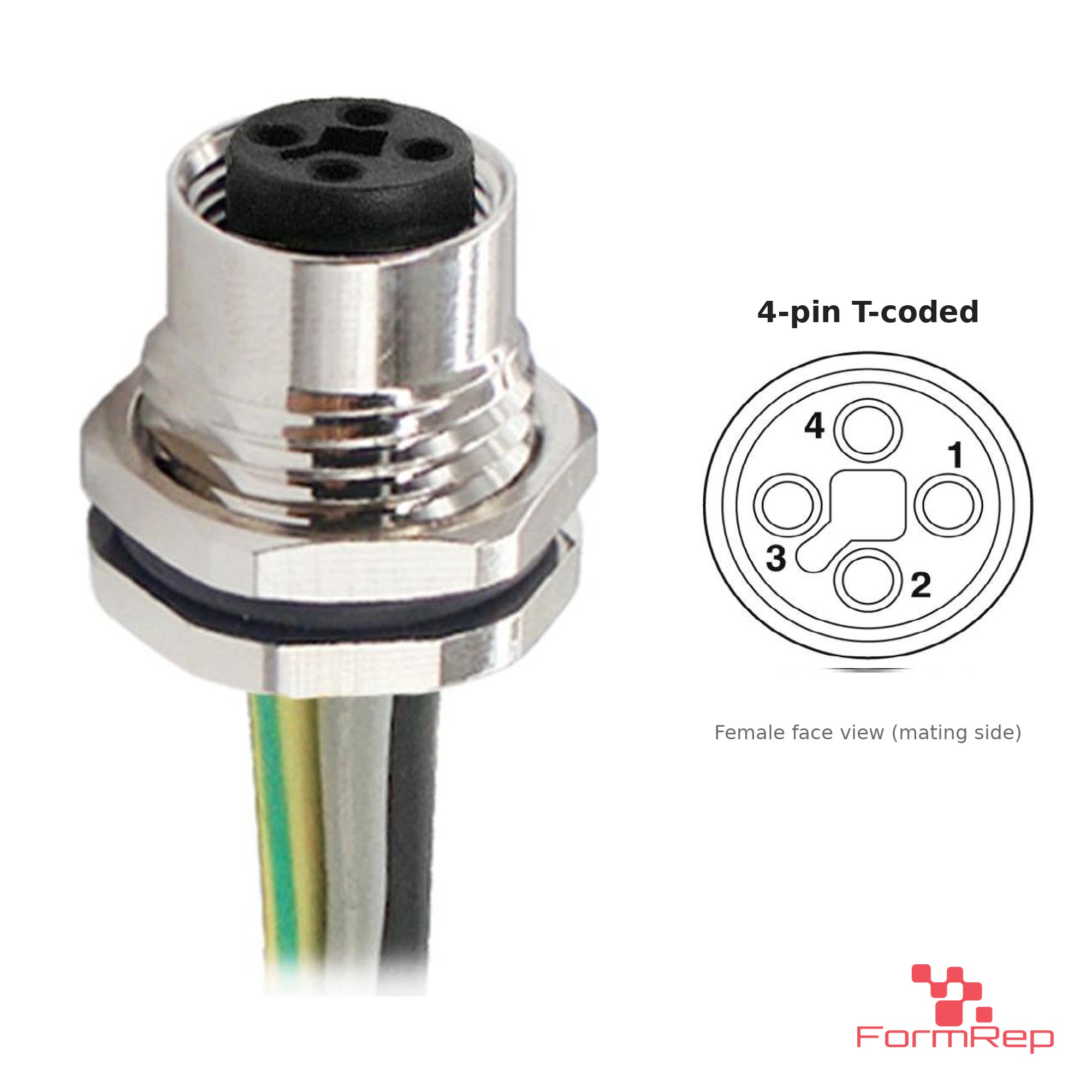 M12 T-Coded Panel-Mount Receptacle, Pre-Wired Leads, female straight, front mount M12 T-Coded Panel-Mount Receptacle, Pre-Wired Leads, female straight, front mount