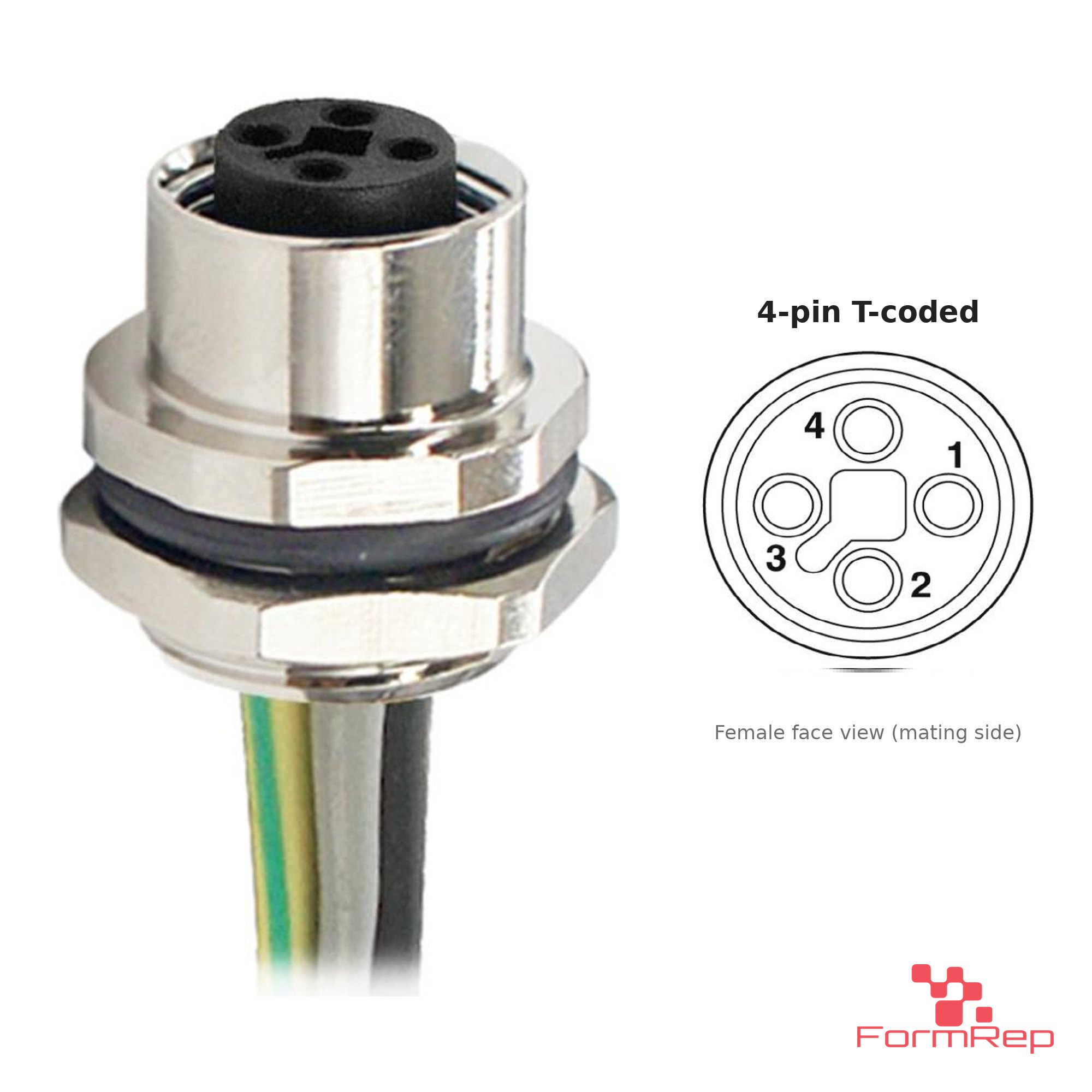 M12 T-Coded Panel-Mount Receptacle, Pre-Wired Leads, female straight, rear mount M12 T-Coded Panel-Mount Receptacle, Pre-Wired Leads, female straight, rear mount