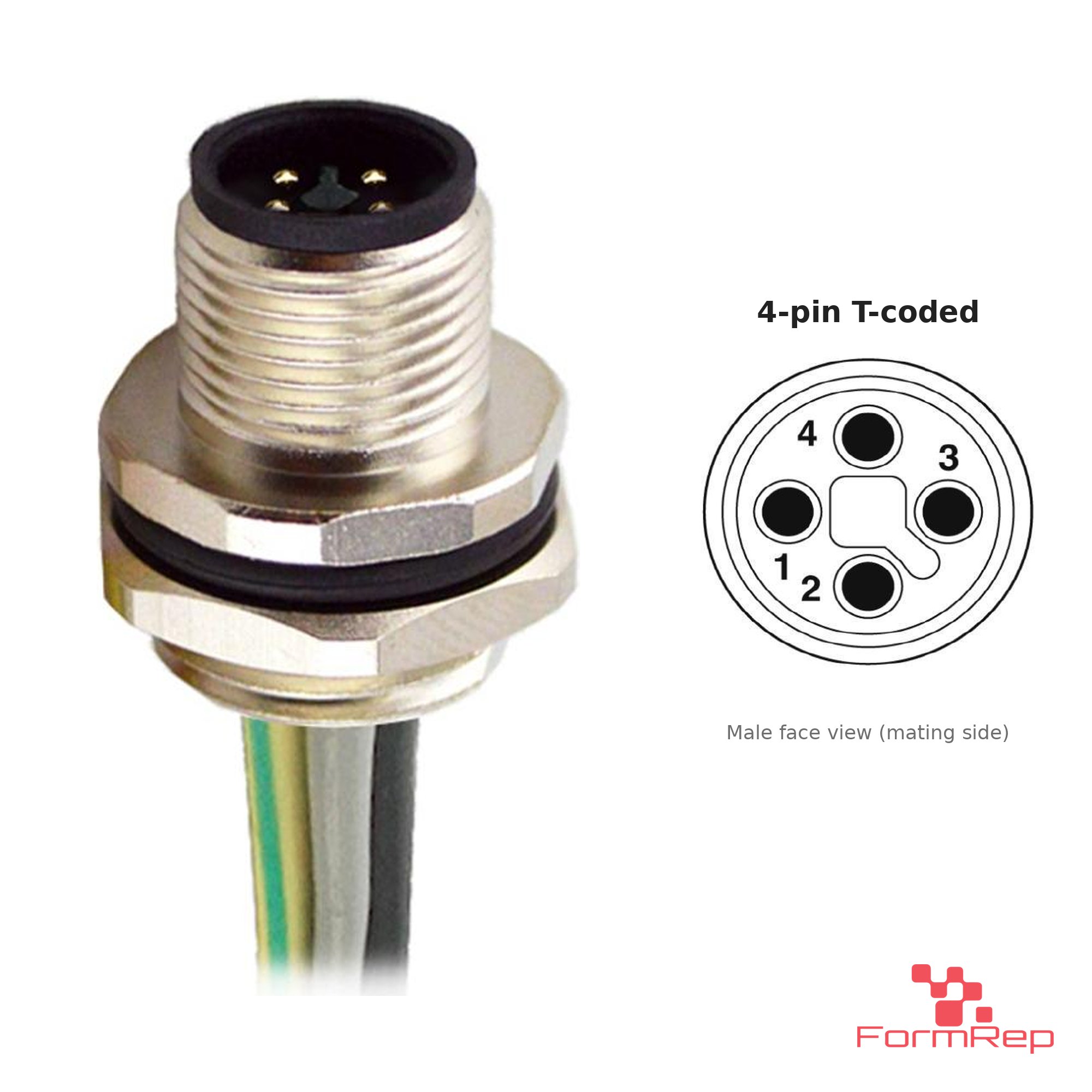 M12 T-Coded Panel-Mount Receptacle, Pre-Wired Leads, male straight, rear mount M12 T-Coded Panel-Mount Receptacle, Pre-Wired Leads, male straight, rear mount