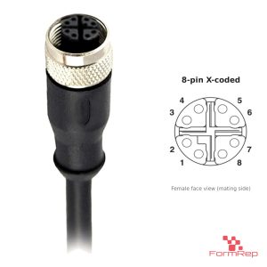 M12 X-Coded Female Straight Molded Cable, Single-Ended, with pin layout
