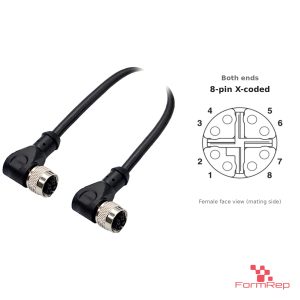 M12 X-Coded Female to Female Right-Angle Cable, with pin layout