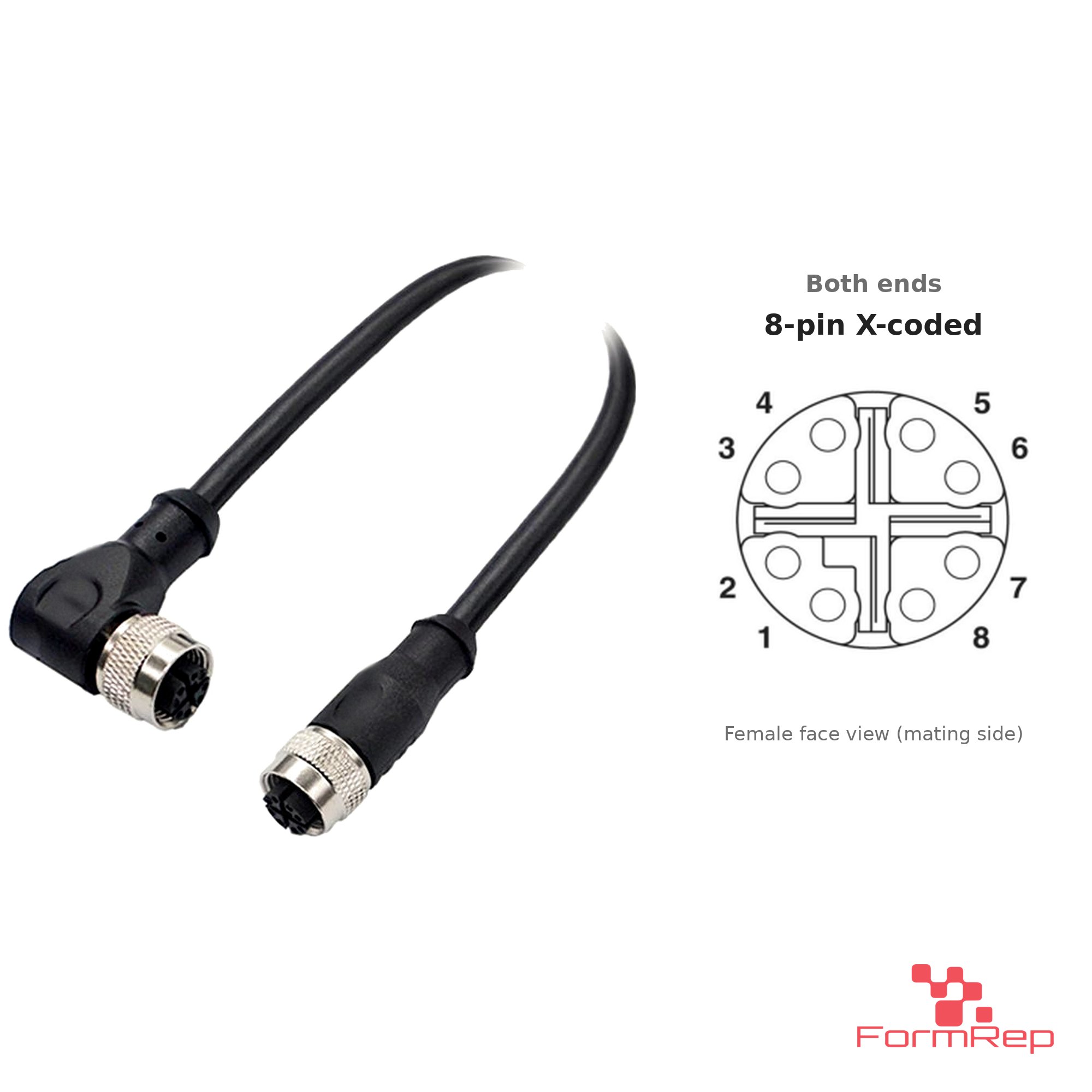 M12 X-Coded Female Straight to Female Right-Angle Cable, with pin layout M12 X-Coded Female Straight to Female Right-Angle Cable, with pin layout