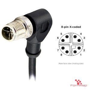 M12 X-Coded Male Right-Angle Molded Cable, Single-Ended, with pin layout
