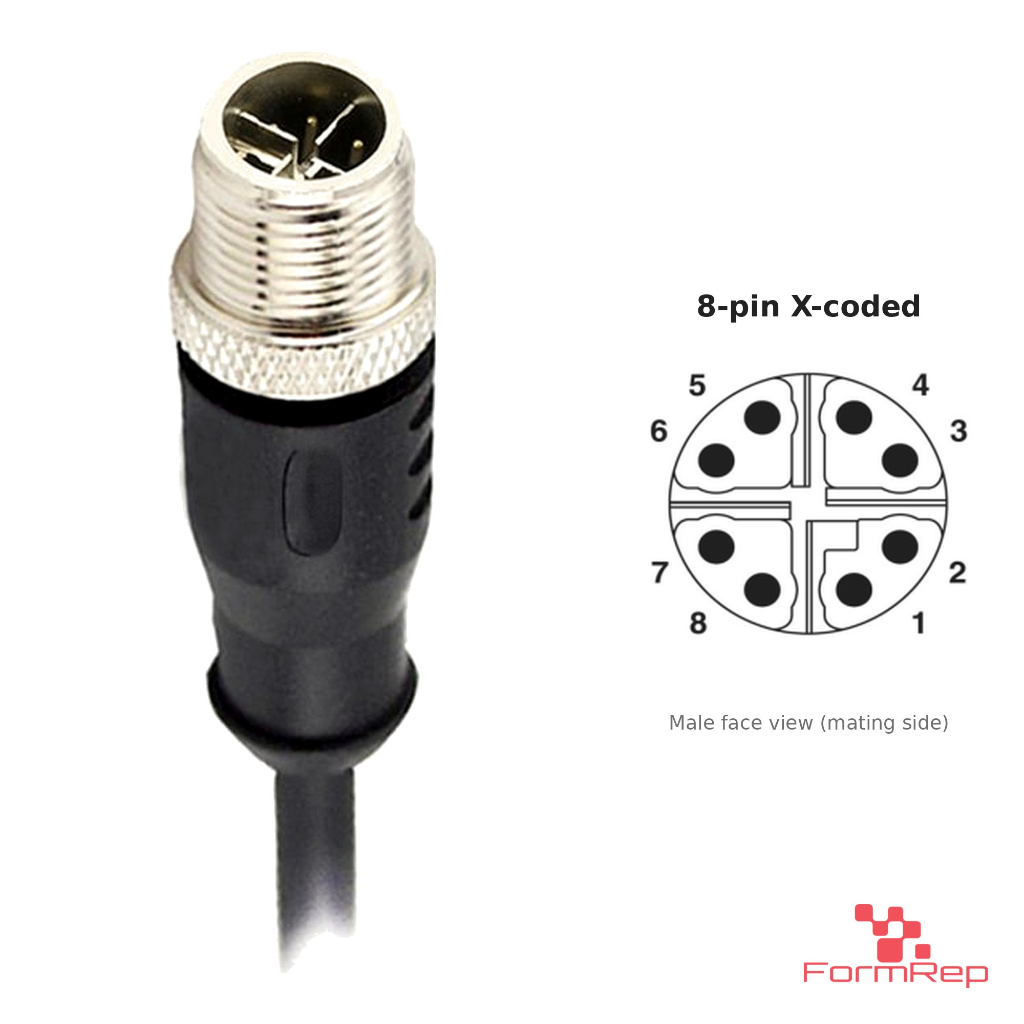 M12 X-Coded Male Straight Molded Cable, Single-Ended, with pin layout M12 X-Coded Male Straight Molded Cable, Single-Ended, with pin layout