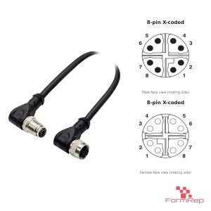 M12 X-Coded Male Right-Angle to Female Right-Angle Cable, with pin layout