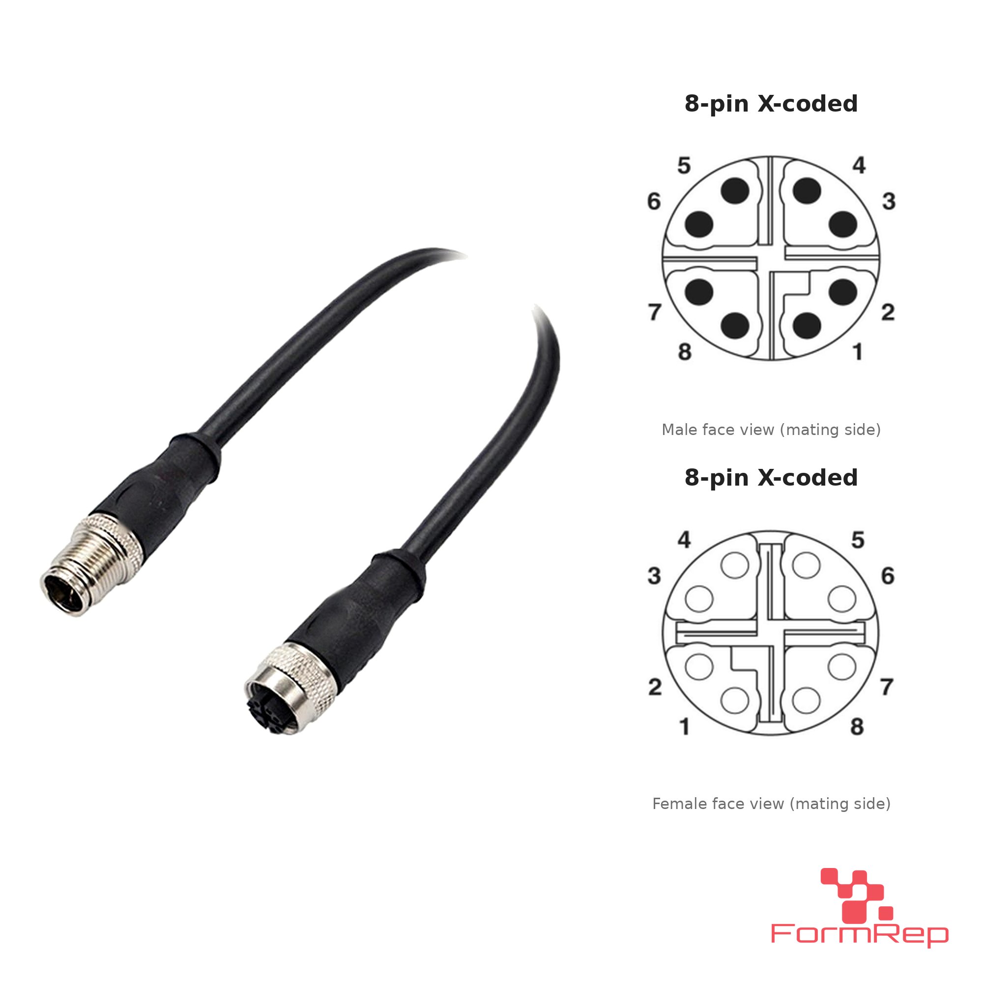M12 X-Coded Male to Female Straight Extension Cable, with pin layout M12 X-Coded Male to Female Straight Extension Cable, with pin layout