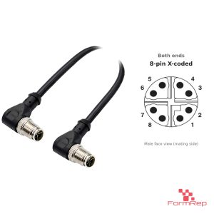 M12 X-Coded Male to Male Right-Angle Cable, with pin layout