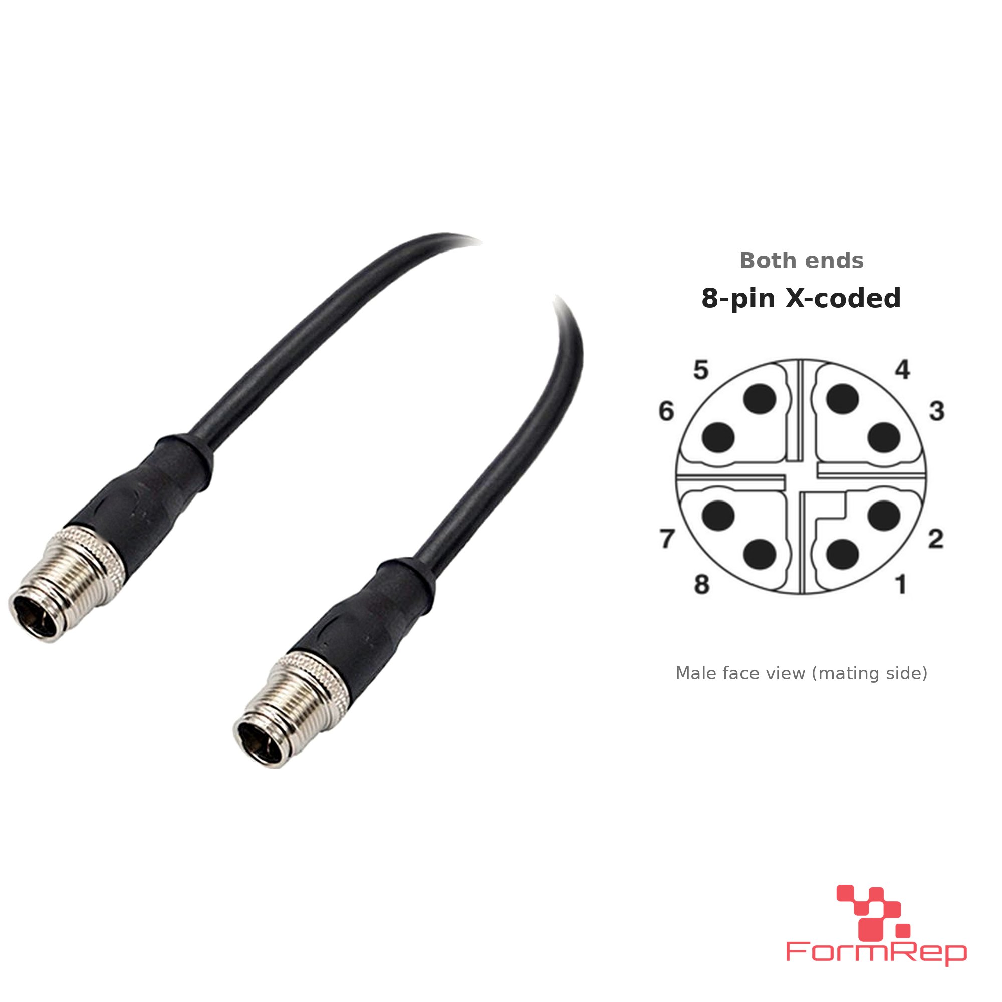 M12 X-Coded Male to Male Straight Cable, with pin layout M12 X-Coded Male to Male Straight Cable, with pin layout
