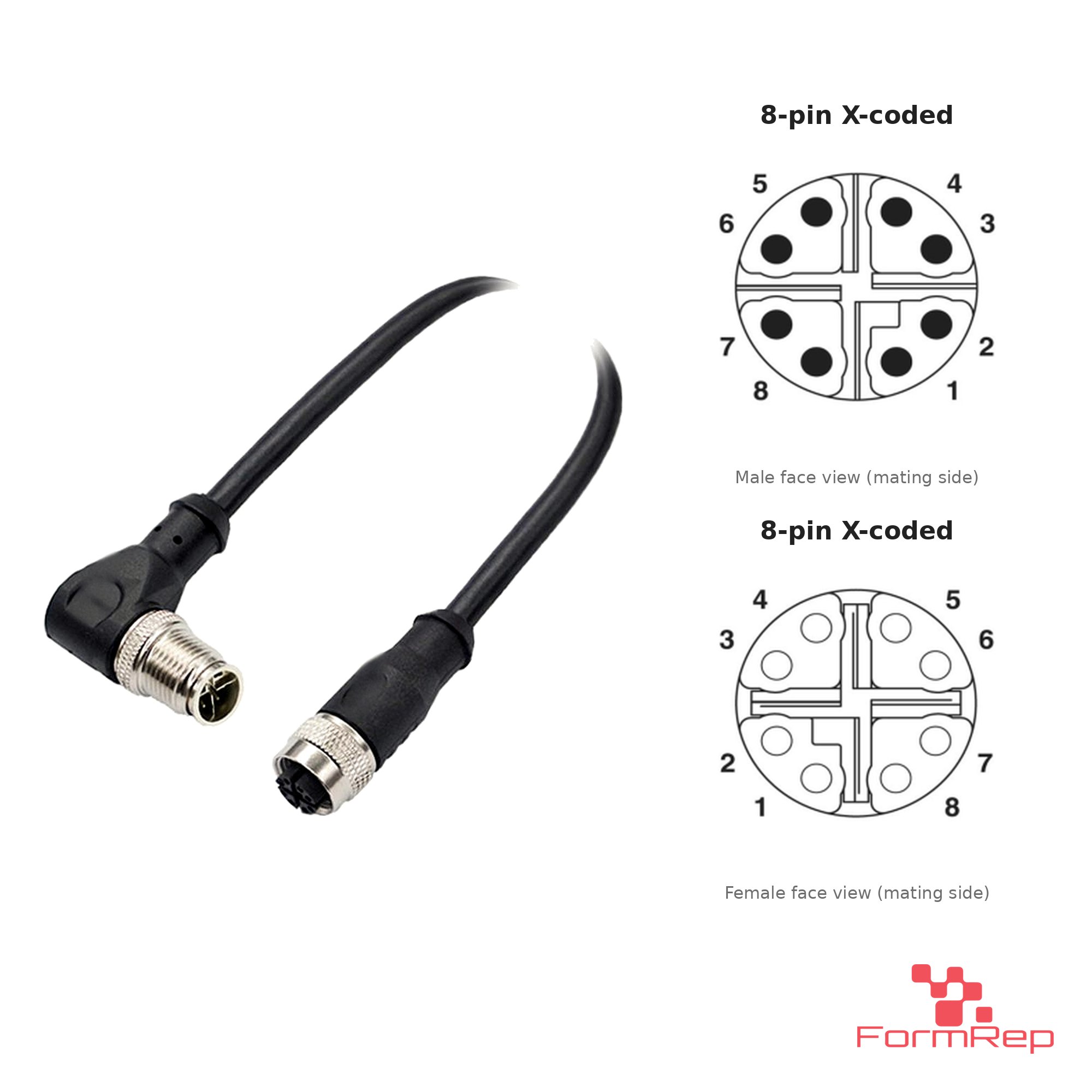 M12 X-Coded Male Right-Angle to Female Straight Cable, with pin layout M12 X-Coded Male Right-Angle to Female Straight Cable, with pin layout