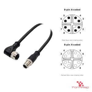M12 X-Coded Male Straight to Female Right-Angle Cable, with pin layout