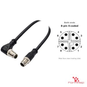 M12 X-Coded Male Straight to Male Right-Angle Cable, with pin layout