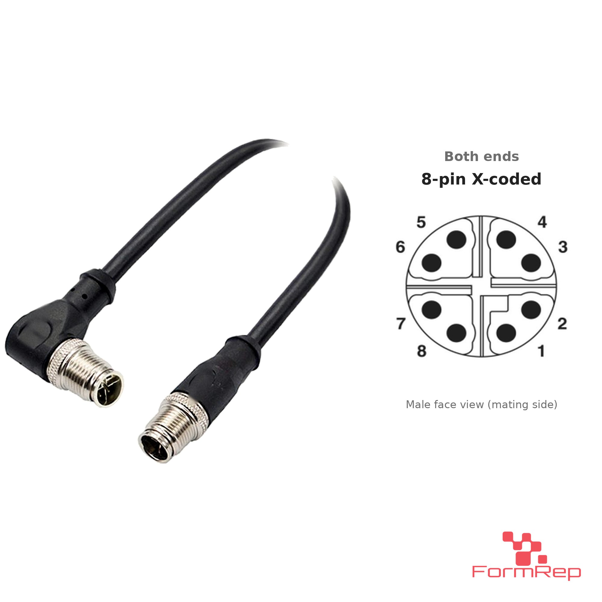 M12 X-Coded Male Straight to Male Right-Angle Cable, with pin layout M12 X-Coded Male Straight to Male Right-Angle Cable, with pin layout