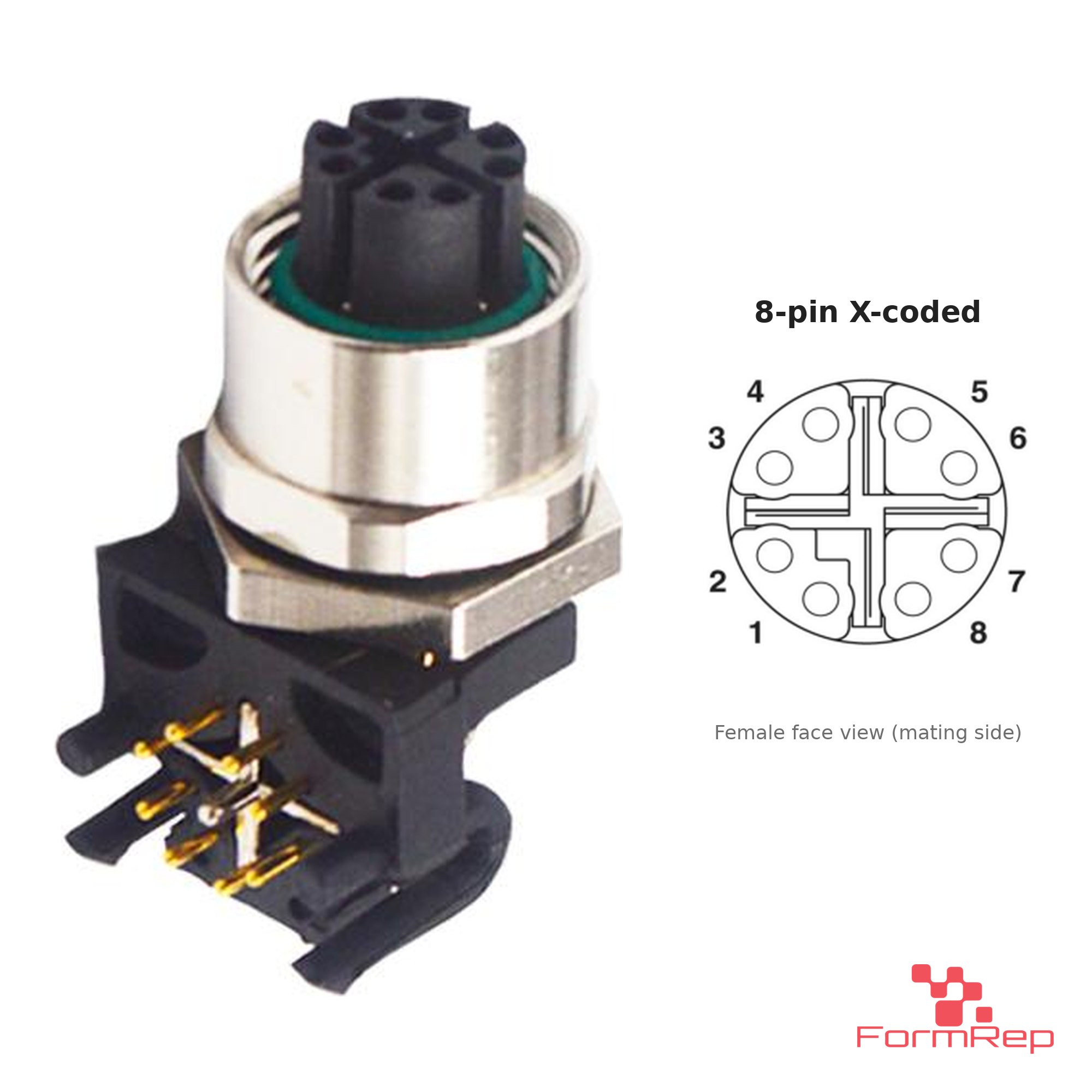 M12 X-Coded Panel-Mount Receptacle, PCB Pins, female right-angle, front mount M12 X-Coded Panel-Mount Receptacle, PCB Pins, female right-angle, front mount