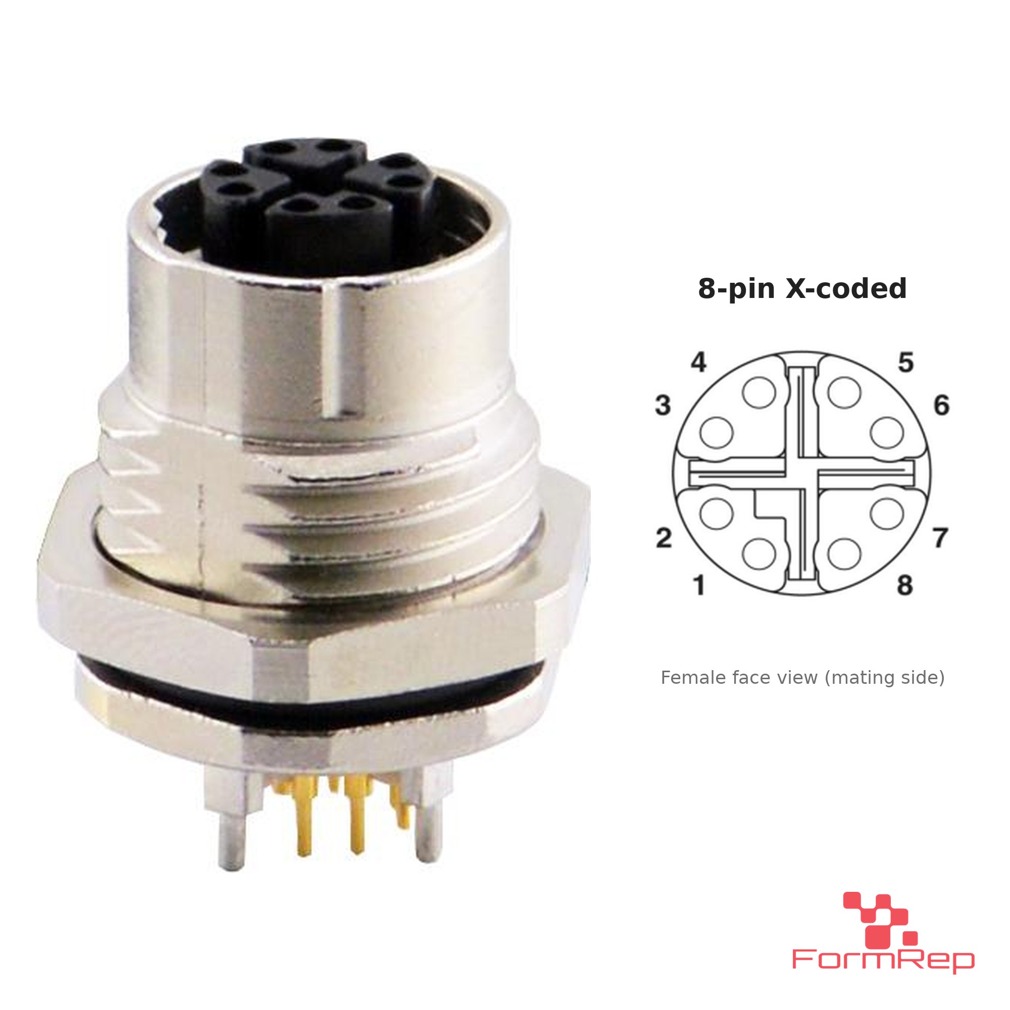 M12 X-Coded Panel-Mount Receptacle, PCB Pins, female straight, front mount M12 X-Coded Panel-Mount Receptacle, PCB Pins, female straight, front mount