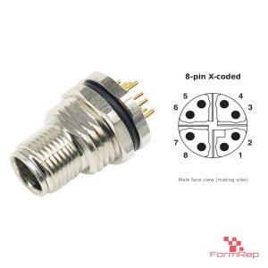M12 X-Coded Panel-Mount Receptacle, PCB Pins, male straight, front mount