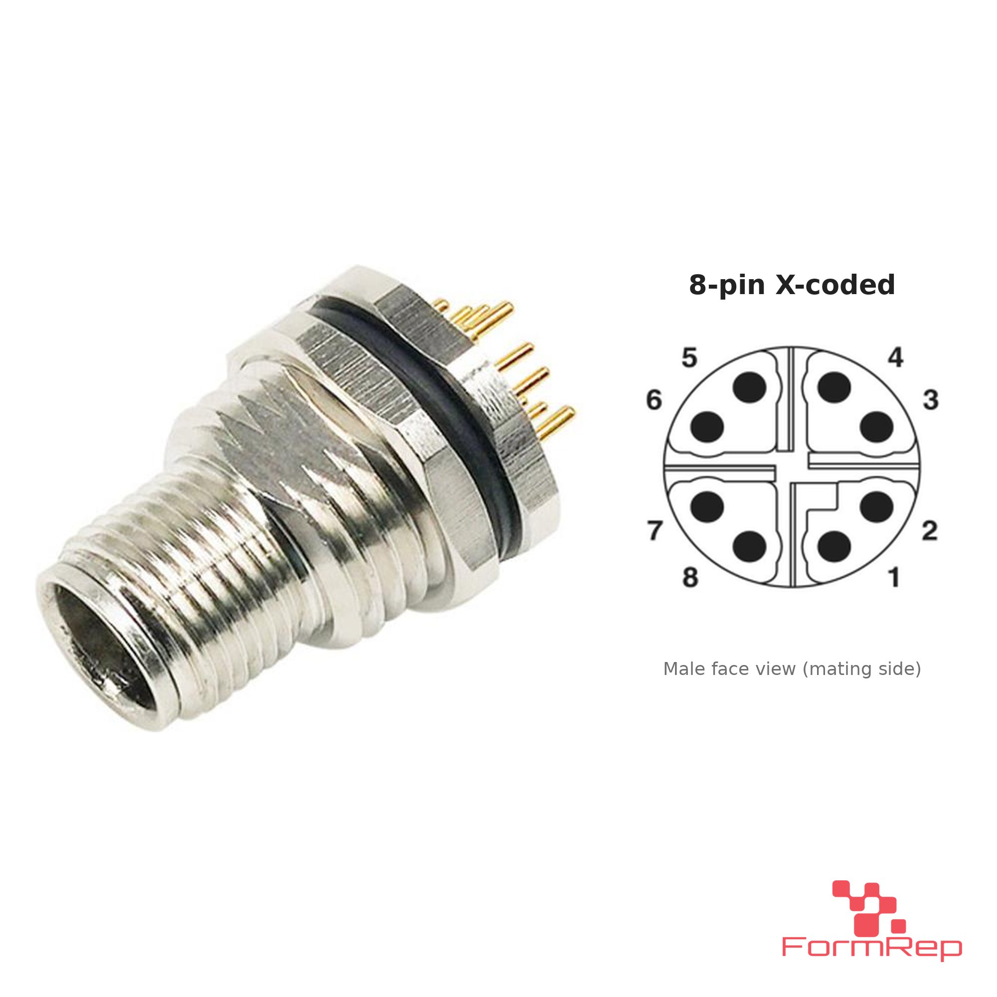 M12 X-Coded Panel-Mount Receptacle, PCB Pins, male straight, front mount M12 X-Coded Panel-Mount Receptacle, PCB Pins, male straight, front mount