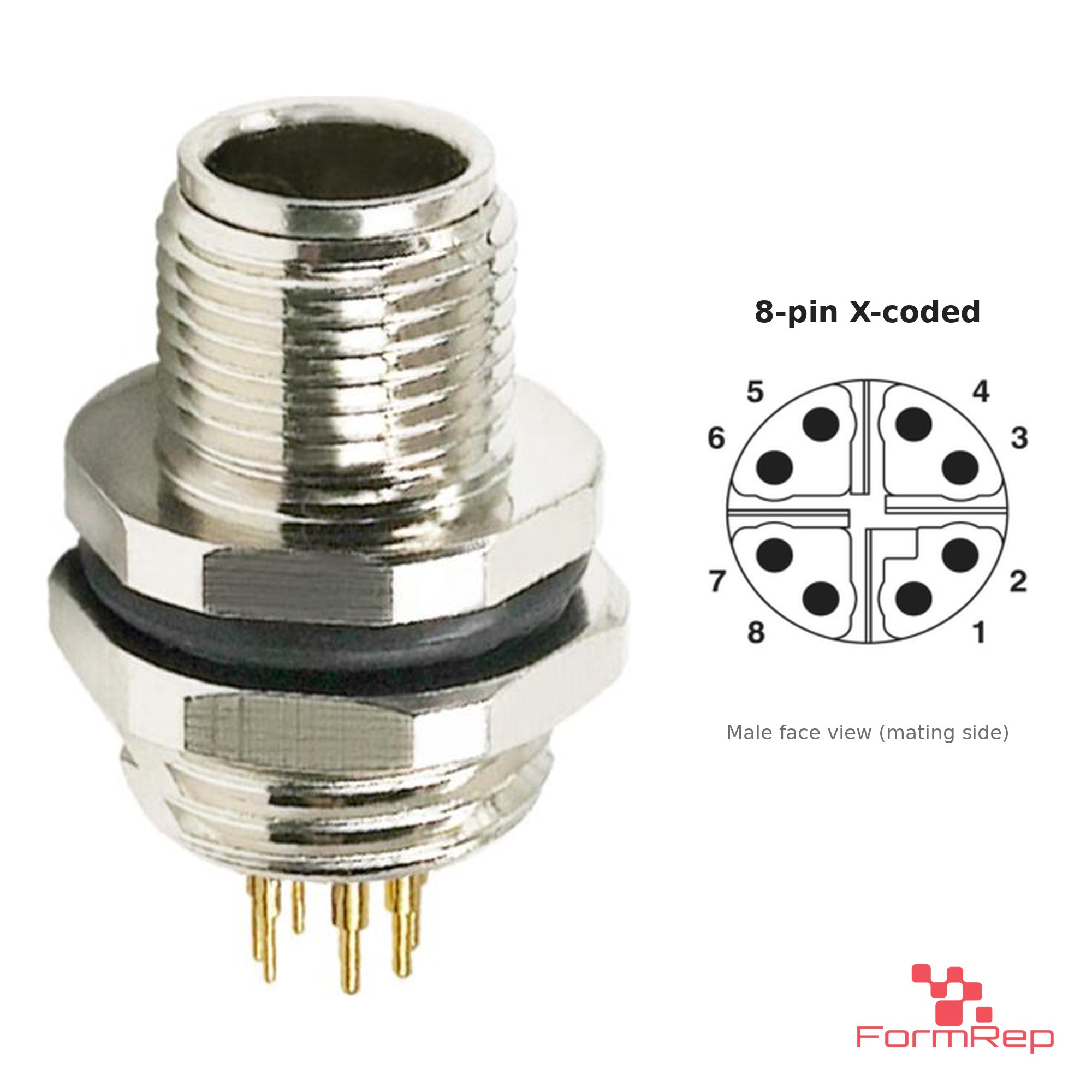 M12 X-Coded Panel-Mount Receptacle, PCB Pins, male straight, rear mount M12 X-Coded Panel-Mount Receptacle, PCB Pins, male straight, rear mount