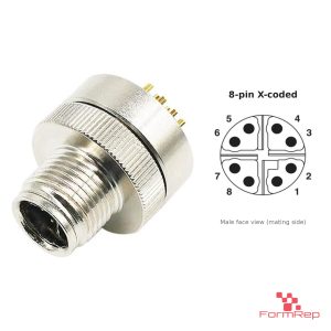 M12 X-Coded Panel-Mount Receptacle, Solder Cups, male straight, front mount